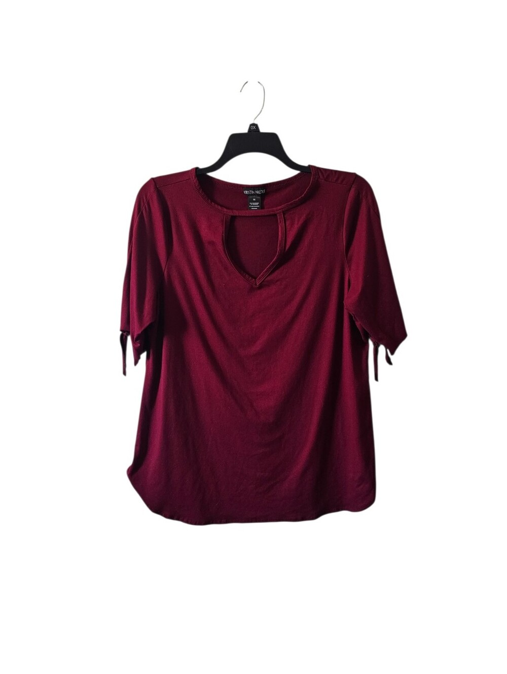 Kristin Nicole Top 1X Burgundy Short Sleeve Keyhole Neck Plus Size Blouse Tie